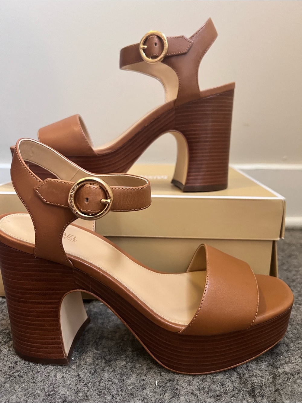 Michael Michael Kors Platform Block Heel Sandals Tan 7.5